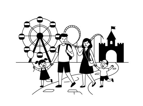 Family enjoys outdoor amusement park attractions on a sunny day