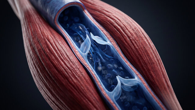 3D medical illustration of the skeletal muscle pump showing venous valves regulating blood flow through a deep vein surrounded by contracting skeletal muscle