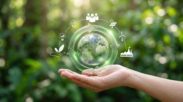 Hand holding holographic earth globe with green recycling arrows and eco icons representing renewable energy solar wind power sustainable environment climate change conservation.