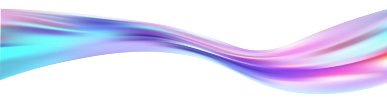  3D abstract glass waves with flowing ribbons create a holographic gradient background. Fluid pink and blue shapes form an iridescent tech design with rainbow light effects.