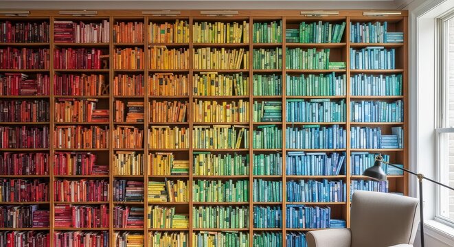 Bright library scene featuring a rainbow-colored bookshelf and cozy reading nook with natural daylight.