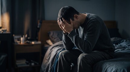 Obraz premium Depressed man sitting on bed in dark bedroom holding head in hands, suffering from mental health issues, stress, anxiety or insomnia, emotional pain and loneliness in moody