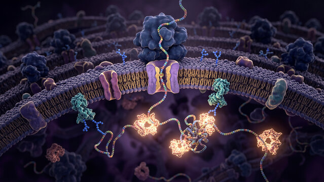 A medical illustration of co-translational protein translocation across the endoplasmic reticulum (ER) membrane via the ribosome-translocon complex