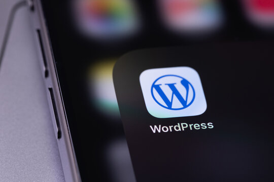 WordPress mobile logo icon app on a screen smartphone iPhone. WordPress - open source site content management system. Batumi, Georgia - June 17, 2026