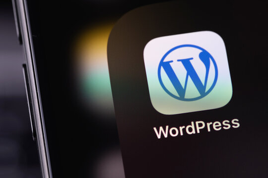 WordPress logo mobile icon app on a screen smartphone iPhone. WordPress - open source site content management system. Batumi, Georgia - June 17, 2026