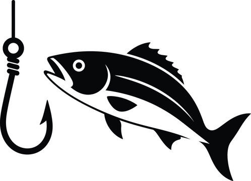 Black silhouette of fish hanging on fishing hook illustration isolated on transparent background vector design.