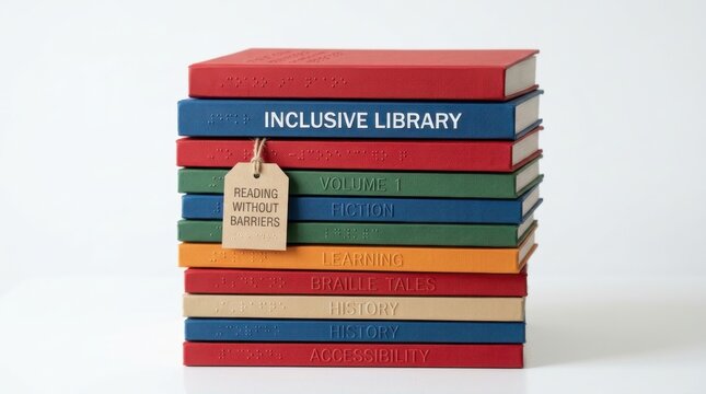 Colorful stack of Braille books for blind people showcasing an inclusive library with various subjects and a special tag for reading without barriers promoting high accessibility and education today.