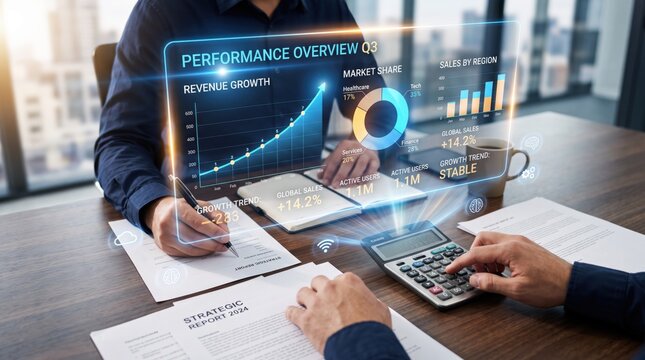 Business team analyzing performance overview Q3 revenue growth charts, market share data, sales by region statistics, strategic planning meeting with digital hologram projection
