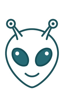 Simple outline icon of a cute alien head with large oval eyes and antennae isolated on white background minimalist character design