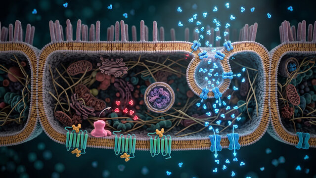 3D medical illustration of transcytosis across polarized epithelial cells alongside basolateral GPCR signal transduction