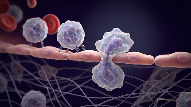 3D medical illustration of leukocyte extravasation showing rolling, firm adhesion, and transendothelial migration (diapedesis) across a capillary wall
