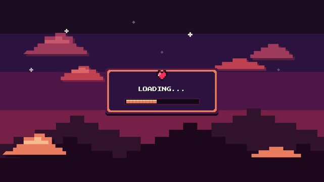 Retro Pixel Art Loading Screen with Sunset Sky Clouds and Heart Icon for Video Game Interface Background