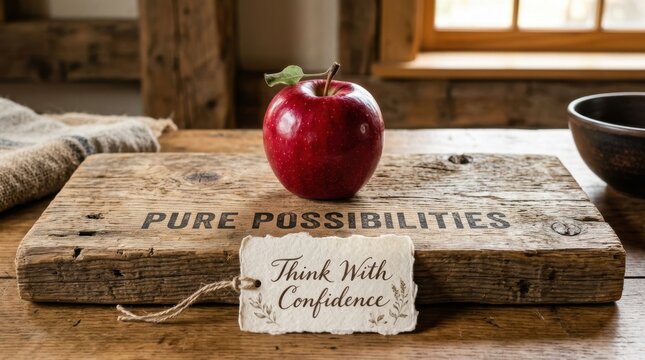 Fresh red apple sits on a rustic wooden board engraved with pure possibilities text and a handwritten note saying think with confidence, representing a healthy mindset and motivation for success task.