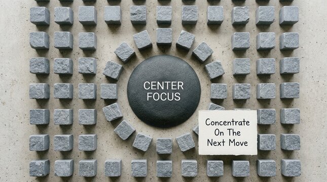 Symbolic stones arrangement featuring a round central focal point with center focus text surrounded by square cubes on a grey surface and a paper note urging to concentrate on the next move right now.