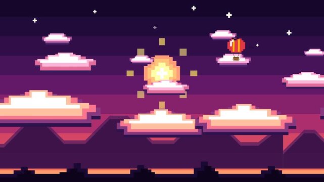 Retro pixel art sunset landscape featuring floating clouds and hot air balloon under starry sky background scenery