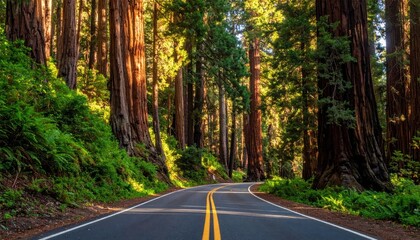 Fototapeta premium Winding road through tall redwood forest trees.