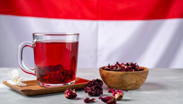 Refreshing red hibiscus tea in a glass mug with dried petals in a wooden bowl against a flag background