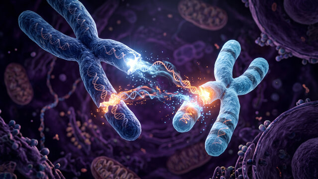3D medical illustration of genetic recombination showing chromosomal crossover and exchange of DNA material between homologous chromosomes during meiosis