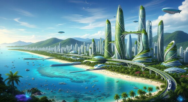 A vibrant, modern cityscape blending nature and innovative architecture along a beautiful coastline.