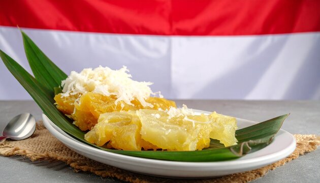 Traditional Indonesian tape singkong topped with grated cheese served on a white plate with banana leaves and the Indonesian flag in the background