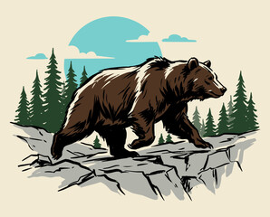 Grizzly bear walking, forest art, mountain wilderness, pine tree nature, retro outdoor, wildlife illustration, vintage grizzly print