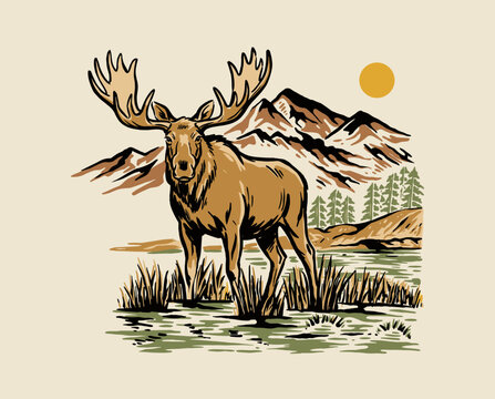 Moose vintage illustration, wildlife nature, mountain forest, outdoor adventure, bull moose antlers, retro wilderness print, alaska, sun