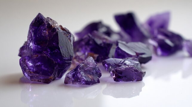 A collection of raw, jagged amethyst crystals shimmering with deep purple hues, isolated on a white surface