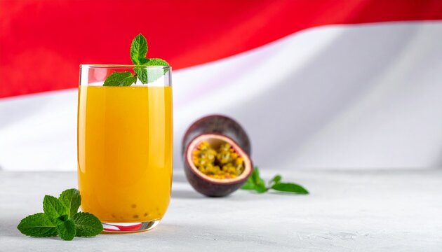Traditional Indonesian passion fruit juice Es Markisa in a glass with fresh mint leaves and fruit halves