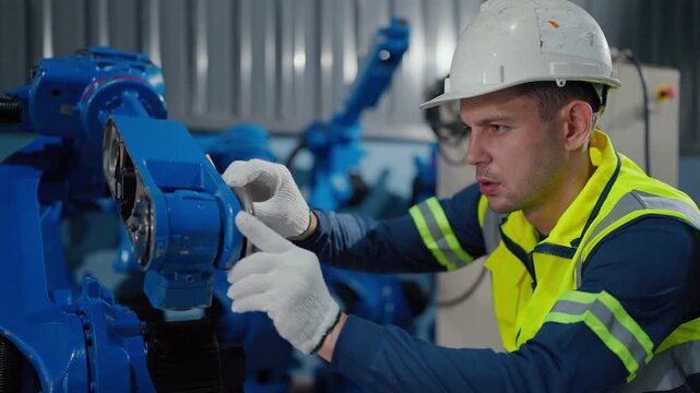 Technician checks robotic arm in factory setting. Worker wears safety gear and white helmet. He focuses intently on diagnostic tools