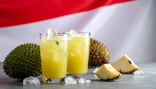 Two Glasses of Fresh Es Sirsak Indonesian Soursop Drink with Ripe Fruit and Ice Cubes