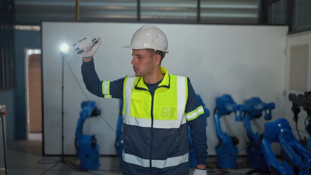 Worker inspects robotic arms in industrial facility. He wears safety gear, holds a tool. Firmly focused, he checks equipment closely