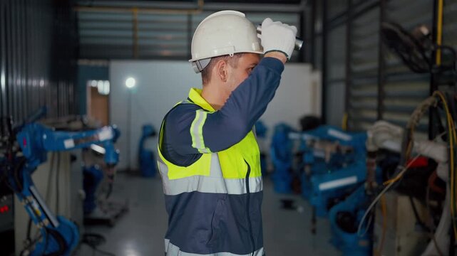 Worker inspects robotic arms in industrial facility. He wears safety gear, holds a tool. Firmly focused, he checks equipment closely