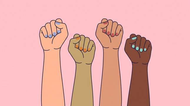 Fists raised in the air represent a diverse group of people standing together for social equality.