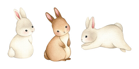 Watercolor cute bunny rabbit PNG set, adorable sitting and running white brown bunnies, clipart, for Easter, nursery, spring cards