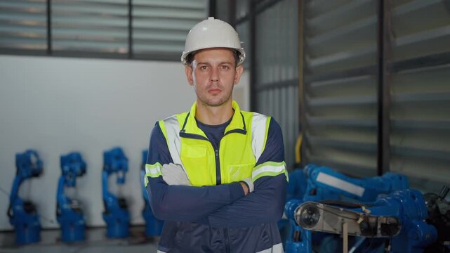 Worker stands beside industrial robot arm. He smiles at camera, wearing safety gear. Factory setting shows multiple blue machines