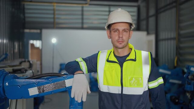 Worker stands beside industrial robot arm. He smiles at camera, wearing safety gear. Factory setting shows multiple blue machines