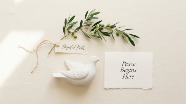 Serene flat lay featuring an olive branch with green olives a white ceramic dove figurine and a message card with the text peace begins here on a clean light background for a hopeful