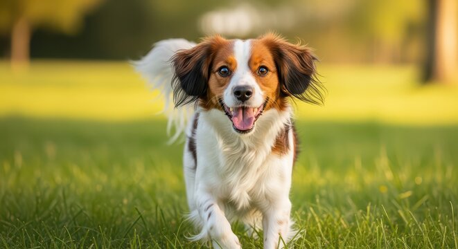 Joyful dog playing on green grass in a sunny park, capturing outdoor leisure and pet happiness.