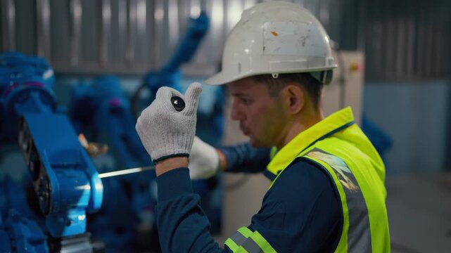 Technician checks robotic arm in factory setting. Worker wears safety gear and white helmet. He focuses intently on diagnostic tools