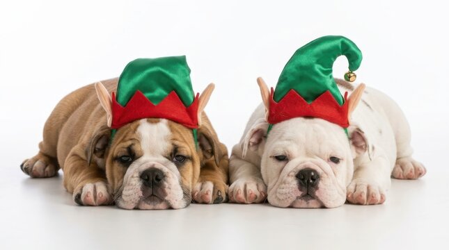 Two adorable English Bulldog puppies wearing festive green elf hats with pointed ears lying side by side on a plain white background looking cute and sleepy during a holiday season photo shoot