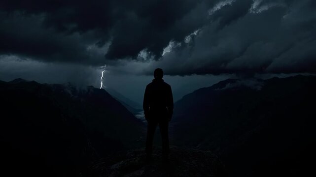 Lonely Figure Stands In Night Storm Under Lightning Skies.