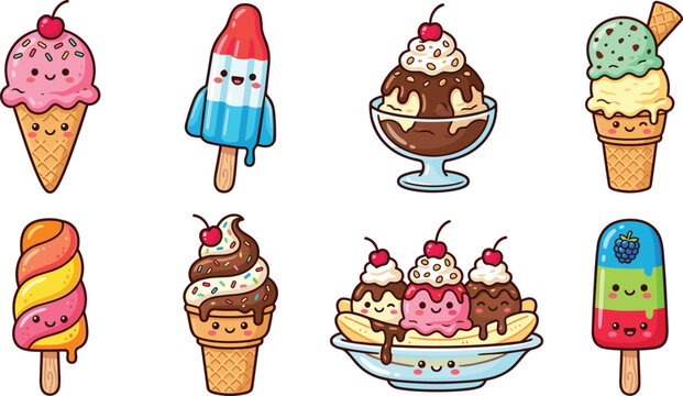Cute Cartoon Ice Cream Dessert Collection Featuring Cones, Popsicles, Sundae, Banana Split, and Sweet Frozen Treat Characters for Kids Designs