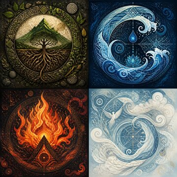 A captivating digital artwork representing the four classical elements&mdash;Earth, Water, Fire, and Air&mdash;in perfect harmony. Each quadrant showcases intricate, mystical patterns and symbolic nature elements