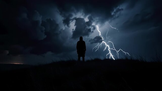 Storm Lightning Silhouette Against Dark Night Sky.