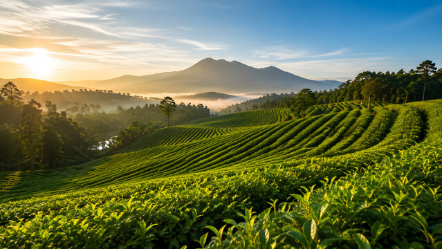 A breathtaking landscape of terraced green tea fields at sunrise with misty mountains and golden light illuminating the lush hillsides.