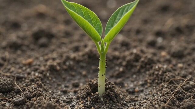New Life Concept - Green Sprout Emerging From Cracked Seed in Fertile Soil, Germination Process