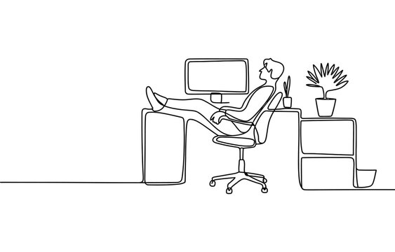 Continuous single line drawing of a relaxed business person sitting in an office chair with feet up on the desk in front of a computer monitor and plant