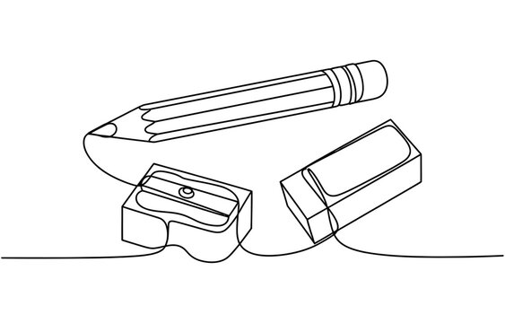 Continuous line drawing of a pencil sharpener and eraser for school and office stationery concept