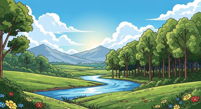 Beautiful outdoor scene showcasing a tranquil river flowing through vibrant green fields and forested hills.