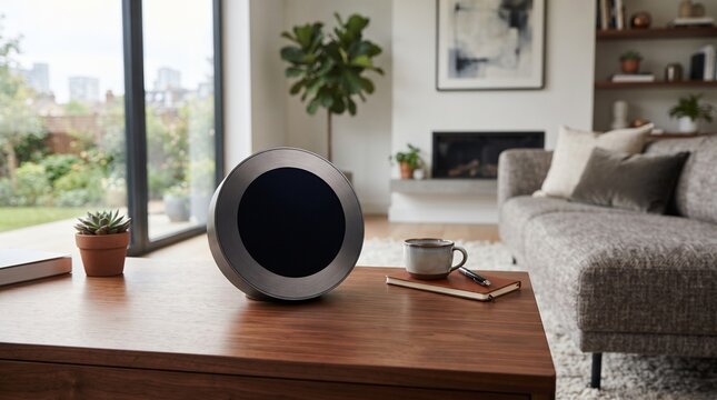 Smart home control hub on wooden table. Modern digital assistant device in living room.
